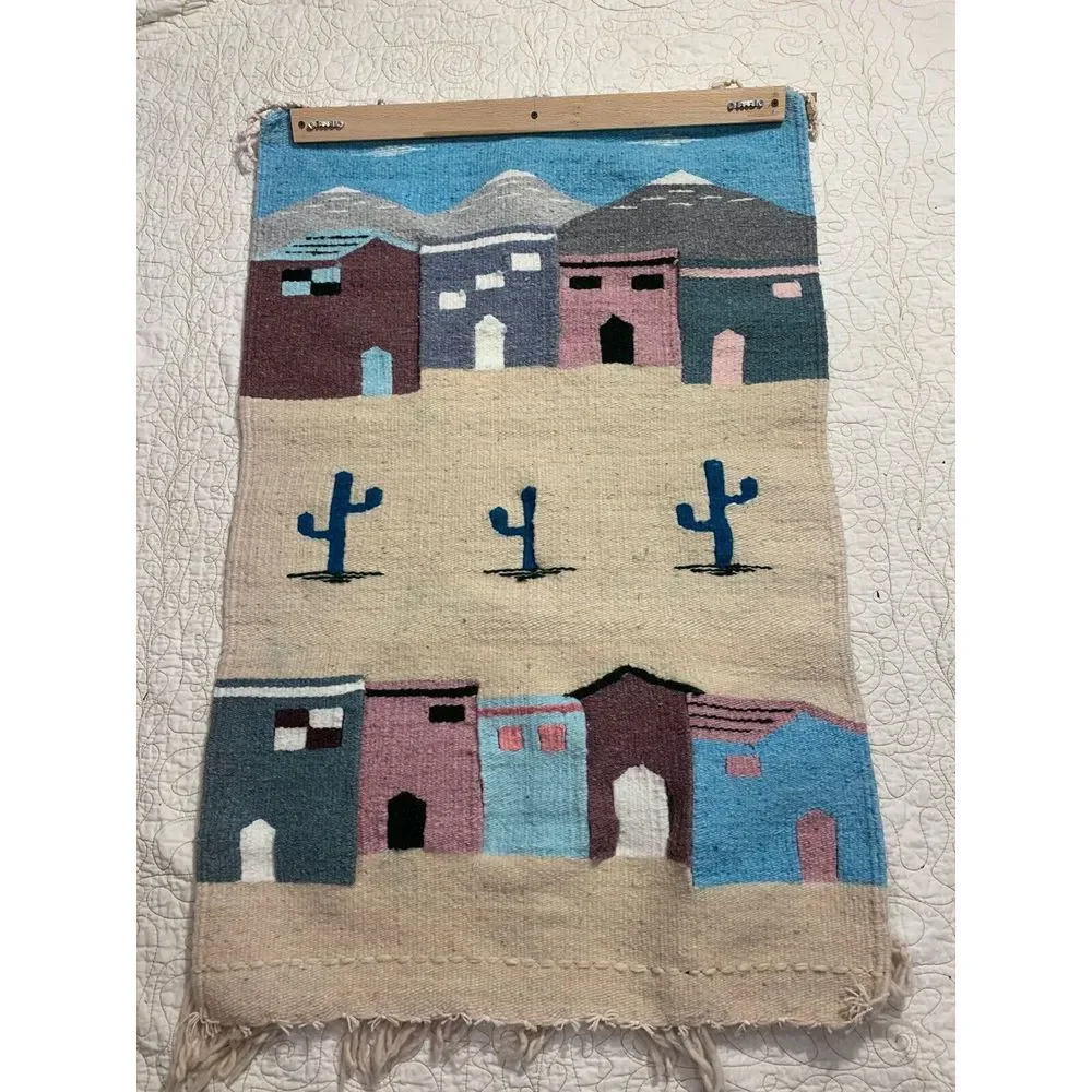 Vintage Handmade Latin American Mexican Wool Tapestry Pastel Kilim Desert Cactus